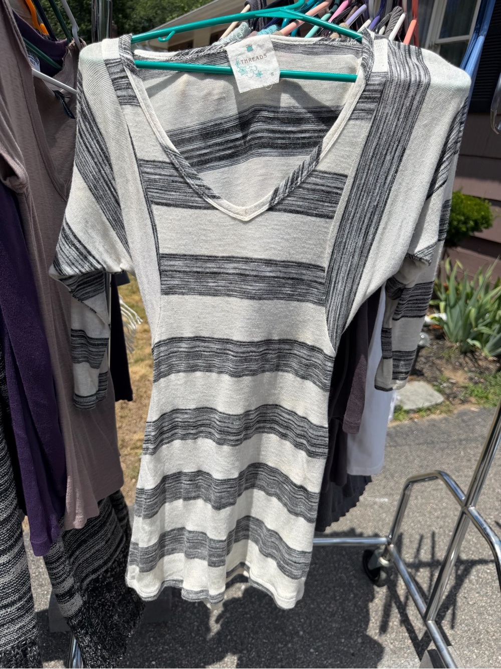 Women's Cream and Black Striped V-Neck Top